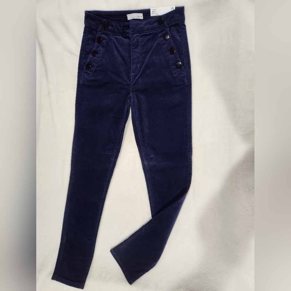 Loft Mariner Midnight Blue Skinny Velvet Pants, NWT, Size 25